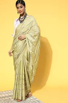 Light Green Printed Silk Blend Saree With Blouse