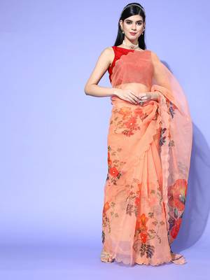 Peach Printed Organza Saree With Blouse 1