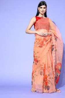 Peach Printed Organza Saree With Blouse