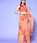 Peach Printed Organza Saree With Blouse