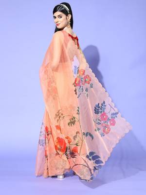 Peach Printed Organza Saree With Blouse 2