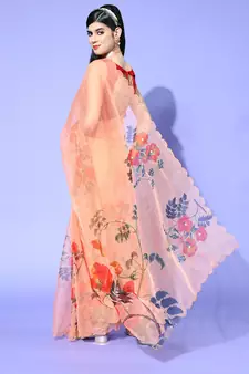 Peach Printed Organza Saree With Blouse