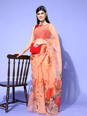 Peach Printed Organza Saree With Blouse 3