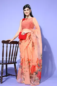 Peach Printed Organza Saree With Blouse