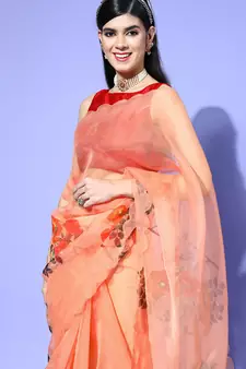 Peach Printed Organza Saree With Blouse