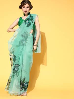 Turquoise Printed Organza Saree With Blouse 1