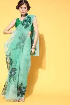 Turquoise Printed Organza Saree With Blouse