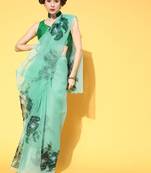 Turquoise Printed Organza Saree With Blouse