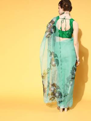 Turquoise Printed Organza Saree With Blouse 2