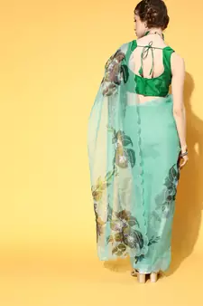 Turquoise Printed Organza Saree With Blouse