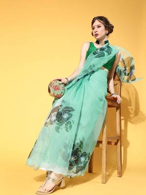 Turquoise Printed Organza Saree With Blouse 3