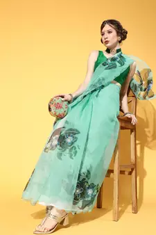 Turquoise Printed Organza Saree With Blouse