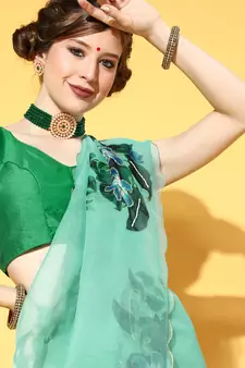 Turquoise Printed Organza Saree With Blouse