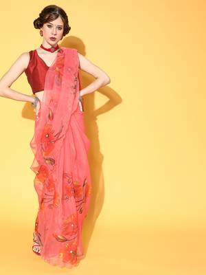 Light Red Printed Organza Saree With Blouse 1