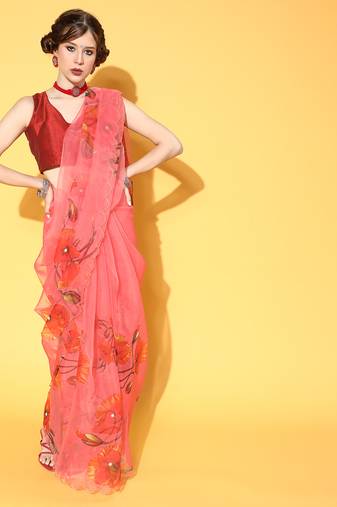 Light Red Printed Organza Saree With Blouse