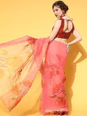 Light Red Printed Organza Saree With Blouse 2