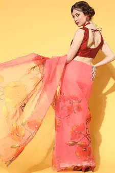 Light Red Printed Organza Saree With Blouse