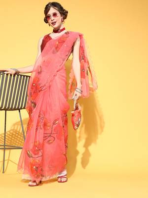 Light Red Printed Organza Saree With Blouse 3