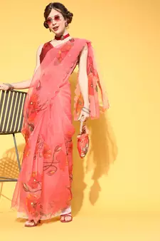 Light Red Printed Organza Saree With Blouse