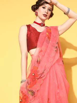 Light Red Printed Organza Saree With Blouse 4