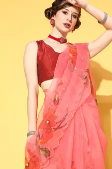 Light Red Printed Organza Saree With Blouse