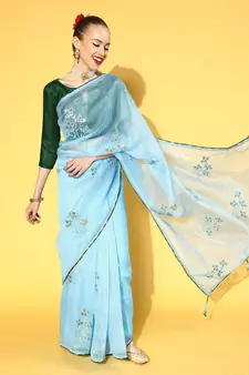 Sky blue printed organza saree with blouse
