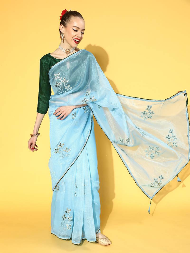 Sky blue printed organza saree with blouse
