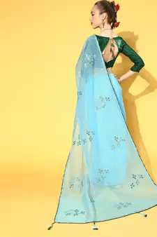 Sky blue printed organza saree with blouse