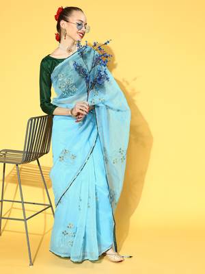 Sky blue printed organza saree with blouse 3