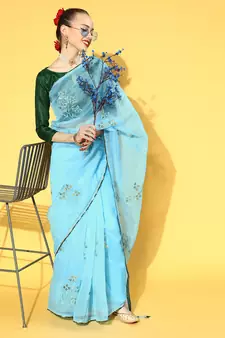 Sky blue printed organza saree with blouse