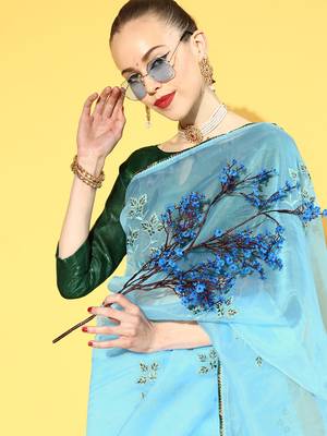 Sky blue printed organza saree with blouse 4