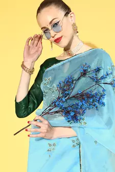 Sky blue printed organza saree with blouse