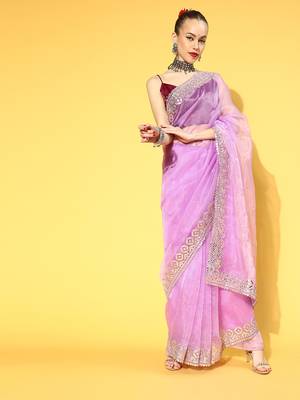 Onion Pink Plain Organza Saree With Blouse 1