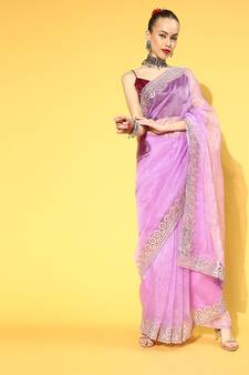 Onion Pink Plain Organza Saree With Blouse