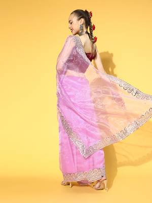 Onion Pink Plain Organza Saree With Blouse 2
