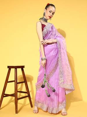 Onion Pink Plain Organza Saree With Blouse 3