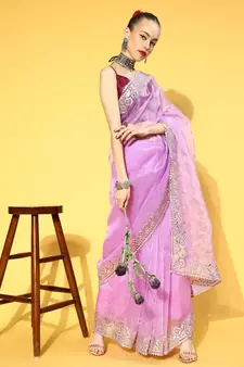 Onion Pink Plain Organza Saree With Blouse
