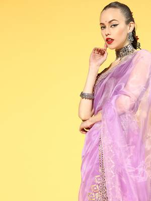 Onion Pink Plain Organza Saree With Blouse 4