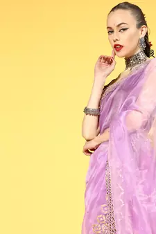 Onion Pink Plain Organza Saree With Blouse