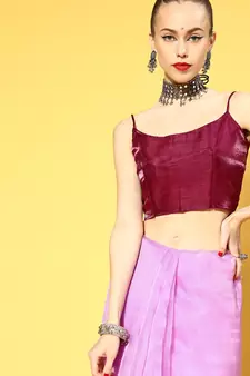 Onion Pink Plain Organza Saree With Blouse