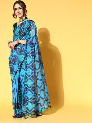 Blue Printed Georgette Saree With Blouse 1