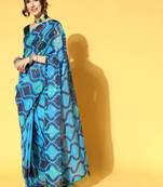 Blue Printed Georgette Saree With Blouse