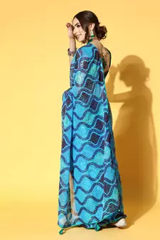 Blue Printed Georgette Saree With Blouse
