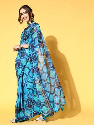 Blue Printed Georgette Saree With Blouse 3
