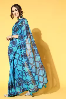 Blue Printed Georgette Saree With Blouse