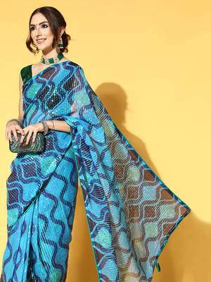 Blue Printed Georgette Saree With Blouse 4