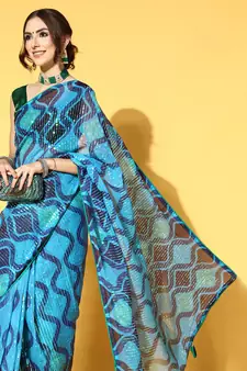 Blue Printed Georgette Saree With Blouse