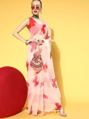 Cream Printed Organza Saree With Blouse 1