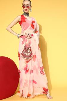 Cream Printed Organza Saree With Blouse