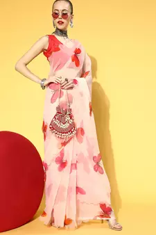 Cream Printed Organza Saree With Blouse